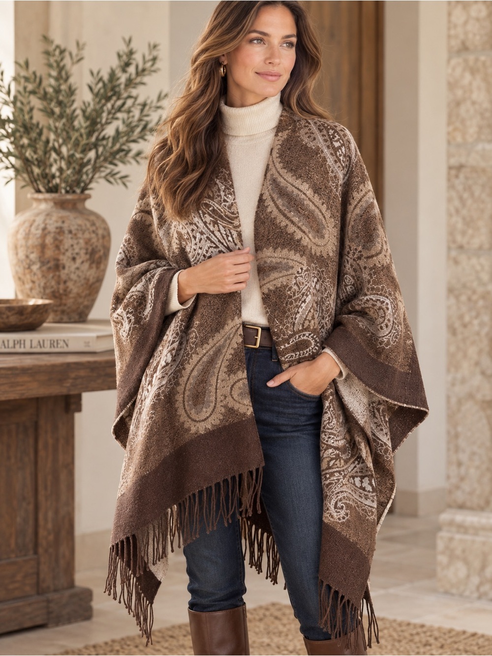 Cashmere Feel Paisley Poncho Wrap Brown Tan Boho Fringe Ruana